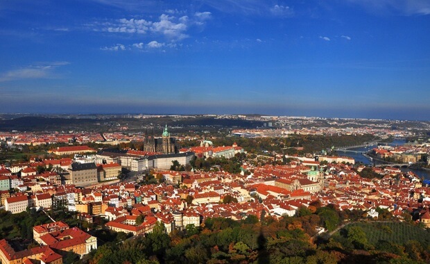 Prague Castle complex on the hill overlooking the city as viewed from Petrin Hill